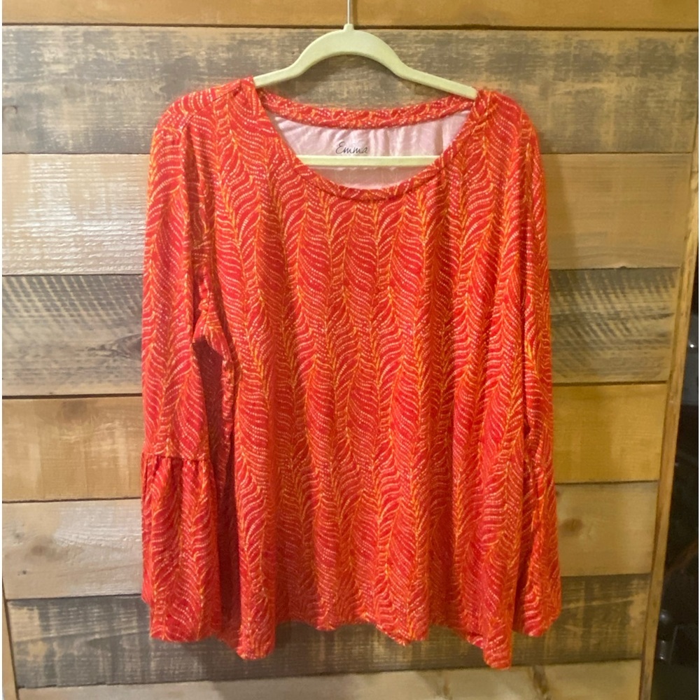 Simply Emma Orange Print Bell Sleeve Top - Size 1X
